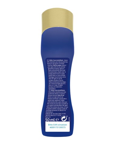 Vista trasera del envase de Búfalo Crema Autobrillante Azul de 50 ml con instrucciones.