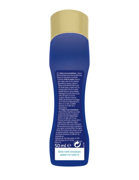 Vista trasera del envase de Búfalo Crema Autobrillante Azul de 50 ml con instrucciones.