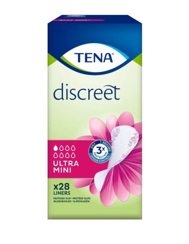 Paquete de salvaslips ultrafinos para incontinencia Tena Discreet Ultra Mini.