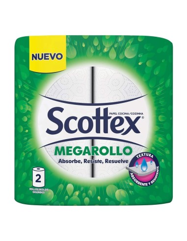 Paquete de 2 rollos grandes de papel de cocina Scottex Megarollo súper absorbente.