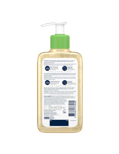 Vista posterior del frasco CeraVe con modo de empleo e información de formulación dermatológica