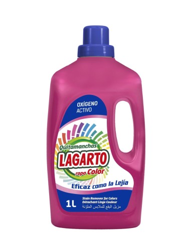 Envase de un litro de quitamanchas Lagarto Ropa Color con oxígeno activo en botella rosa ergonómica.