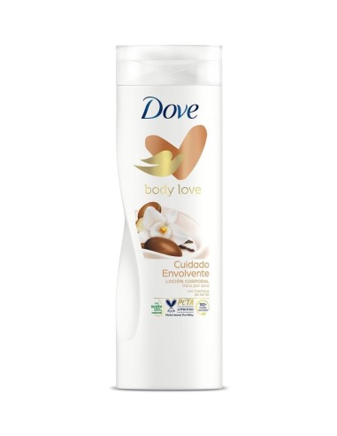 Envase blanco de loción corporal Dove Body Love Cuidado Envolvente con manteca de karité de 400 ml.