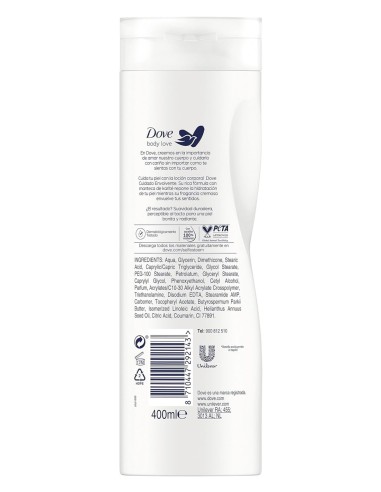 Vista trasera de la loción Dove con el listado oficial de ingredientes INCI y modo de empleo.