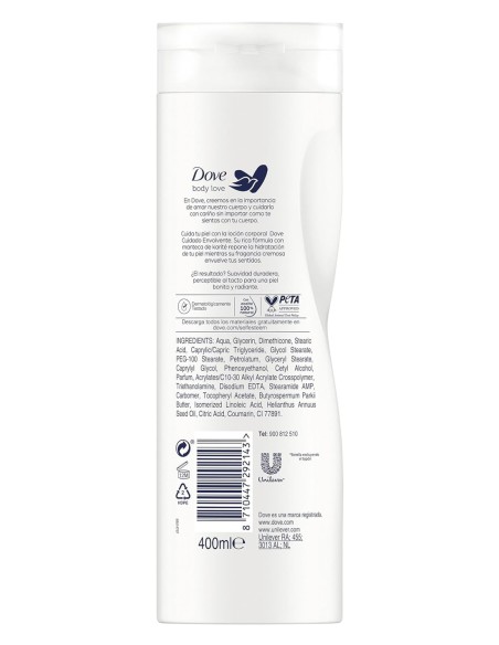 Vista trasera de la loción Dove con el listado oficial de ingredientes INCI y modo de empleo.