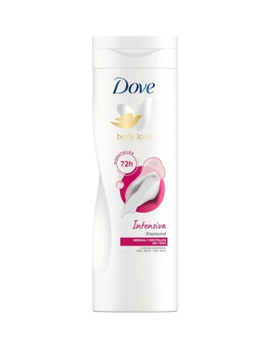 Envase de loción corporal reparadora Dove Body Love Intensiva con Pantenol de 400 ml.
