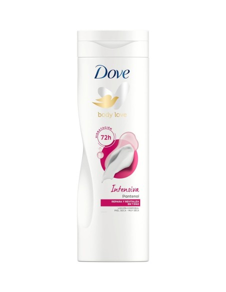 Envase de loción corporal reparadora Dove Body Love Intensiva con Pantenol de 400 ml.