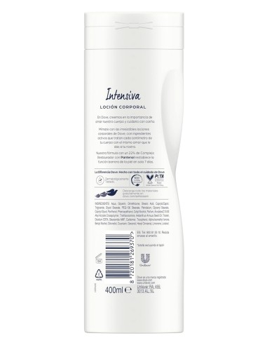 Vista trasera de la loción Dove Intensiva con el listado completo de ingredientes INCI y modo de empleo.