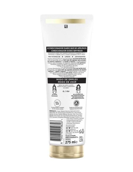 Vista posterior del acondicionador Pantene Repara & Protege con instrucciones e ingredientes INCI.