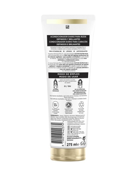 Vista trasera del tubo de acondicionador Pantene Rizos Definidos con modo de empleo e ingredientes INCI.