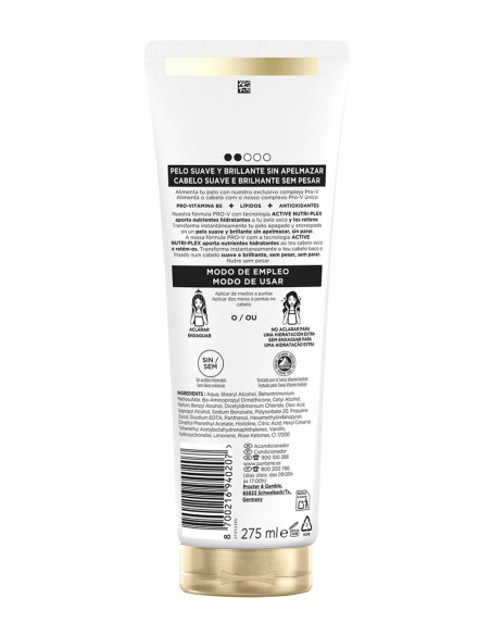 Vista posterior del tubo de acondicionador Pantene Hydra Revitaliza con ingredientes e instrucciones.