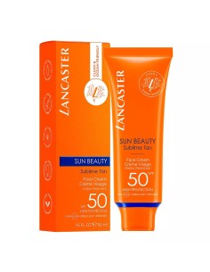 Caja y tubo de la crema solar facial Lancaster Sun Beauty SPF50 de 50 ml
