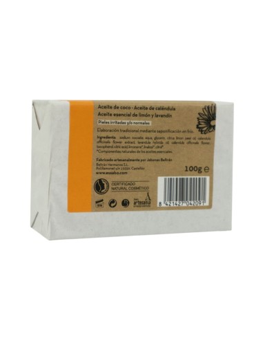 Envoltorio posterior del jabón de caléndula Essabó con detalles de fabricación e ingredientes