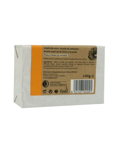 Envoltorio posterior del jabón de caléndula Essabó con detalles de fabricación e ingredientes
