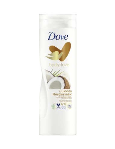 Envase de loción corporal Dove Cuidado Restaurador 400ml con aceite de coco y leche de almendras