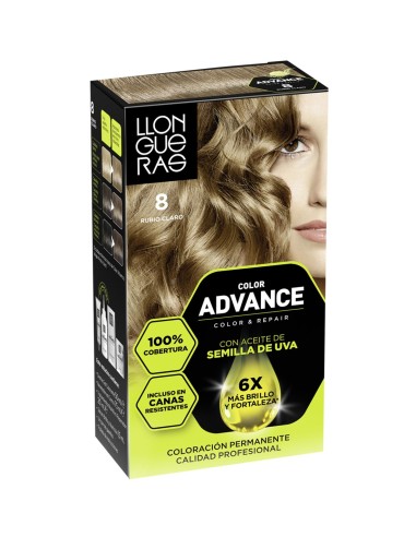 Caja de tinte permanente Llongueras Color Advance tono 8 Rubio Claro.