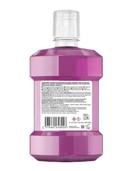 Parte posterior de la botella Listerine Cuidado Total 1L con modo de empleo e ingredientes