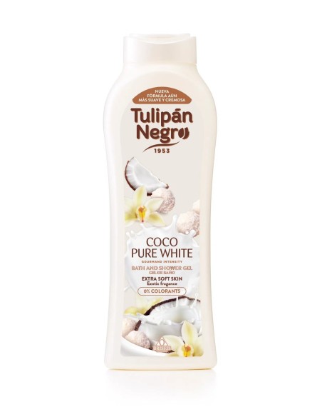 Envase frontal de Gel de Baño y Ducha Tulipán Negro Coco Pure White 650ml