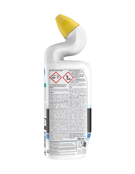 Etiqueta trasera del gel limpiador wc Pato Extra Power con Lejía Marine de 750 ml.
