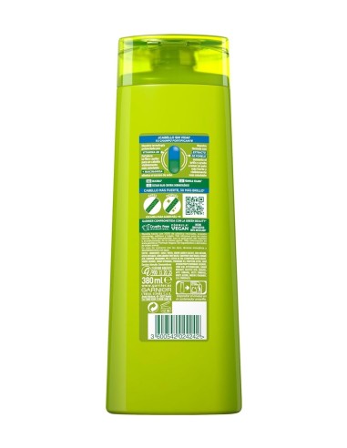 Etiqueta trasera de Garnier Fructis Fuerza y Brillo con ingredientes y sellos vegano y cruelty free