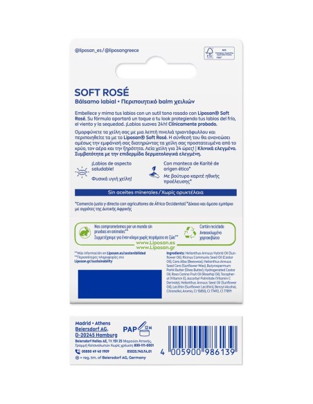 Parte trasera del blíster Liposan Soft Rosé con información de ingredientes y fabricante