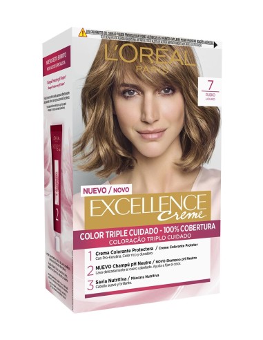 Caja de tinte capilar L'Oréal Paris Excellence Crème Tono 7 Rubio con kit Triple Cuidado