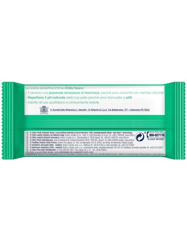 Reverso del envase de toallitas Chilly Fresh con ingredientes INCI y datos de fabricante.