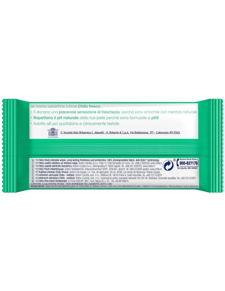Reverso del envase de toallitas Chilly Fresh con ingredientes INCI y datos de fabricante.