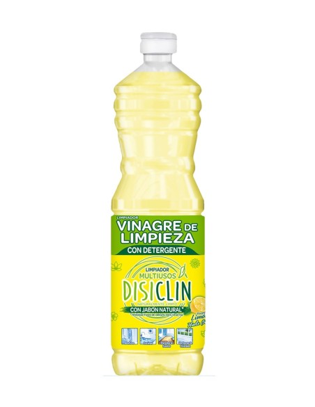 Botella amarilla de vinagre de limpieza Disiclin con detergente y aroma a limón de 1 litro.