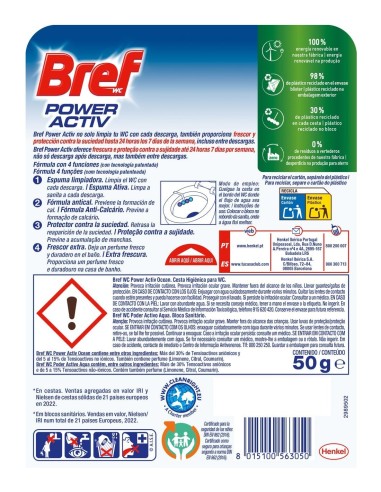 Parte trasera del envase de Bref WC Power Activ con instrucciones de colocación y advertencias.