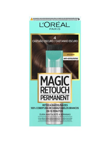 Caja frontal de L'Oréal Magic Retouch Permanent 4 Castaño Oscuro retoque de raíces en 10 minutos.