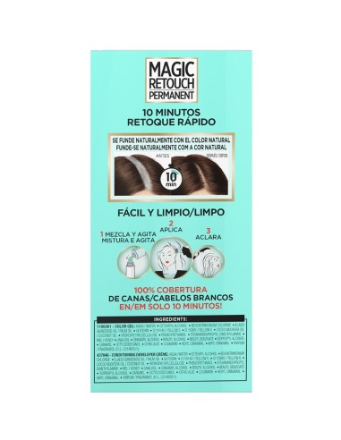 Reverso del envase de L'Oréal Magic Retouch Permanent con modo de empleo e ingredientes INCI.