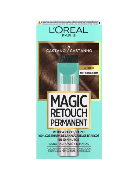 Caja frontal de L'Oréal Magic Retouch Permanent 5 Castaño retoque de raíces en 10 minutos.