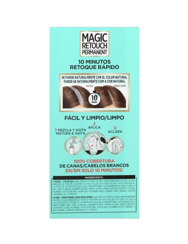 Reverso del envase de L'Oréal Magic Retouch Permanent 5 Castaño con modo de empleo e ingredientes INCI.