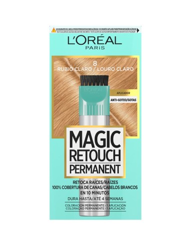 Caja frontal de L'Oréal Magic Retouch Permanent 8 Rubio Claro retoque de raíces en 10 minutos.