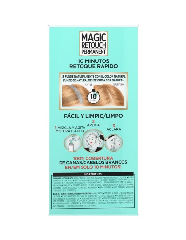 Reverso del envase de L'Oréal Magic Retouch Permanent 8 Rubio Claro con modo de empleo e ingredientes INCI.
