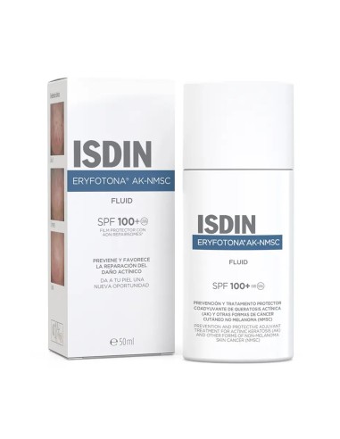 Botella y caja del protector solar ISDIN Eryfotona AK-NMSC Fluido SPF100+ de 50 ml.