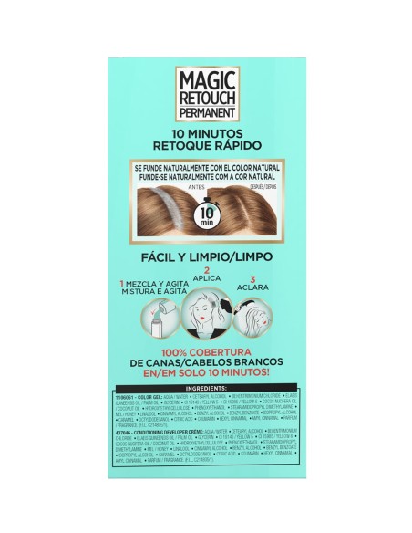 Reverso de la caja del tinte permanente L'Oréal Magic Retouch con modo de empleo e ingredientes INCI.