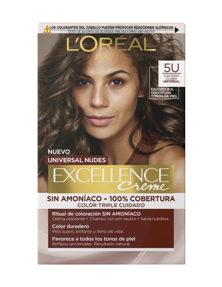 Caja frontal del tinte l'oreal paris excellence creme universal nudes 5u castaño claro