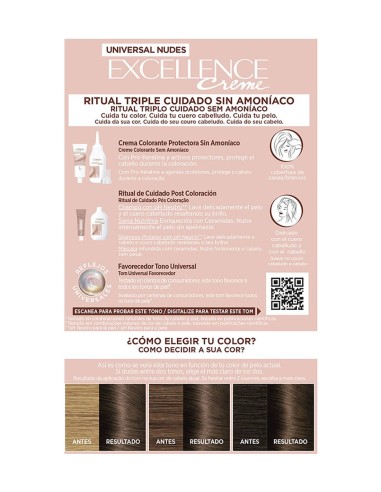 Reverso de la caja l'oreal excellence nudes 5u con pasos del ritual triple cuidado