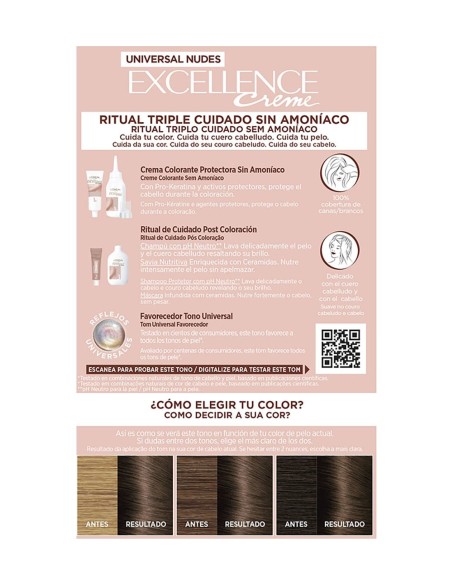 Reverso de la caja l'oreal excellence nudes 5u con pasos del ritual triple cuidado