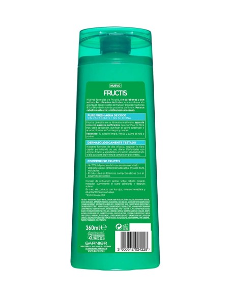 Reverso del envase con ingredientes e instrucciones del champú Fructis Agua de Coco