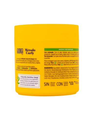 Vista posterior con modo de empleo e ingredientes de la mascarilla Giorgi Método Curly