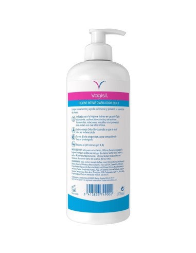 Reverso del envase de Vagisil Odor Block con modo de empleo e ingredientes INCI
