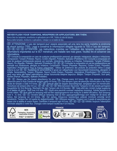 Detalle de la composicion e instrucciones de desecho en reverso de caja Tampax