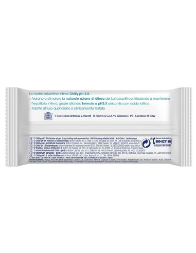 Reverso del envase de Chilly Toallitas Íntimas pH 3.5 con ingredientes y fabricante