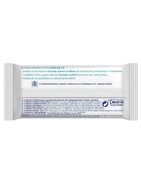 Reverso del envase de Chilly Toallitas Íntimas pH 3.5 con ingredientes y fabricante