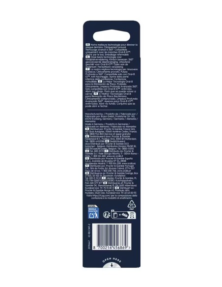 Vista posterior de la caja de repuestos Oral-B iO con especificaciones del fabricante