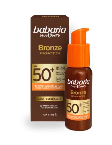 Bote y caja de fotoprotector solar facial Babaria Sun Lovers Bronze SPF50+ 40ml