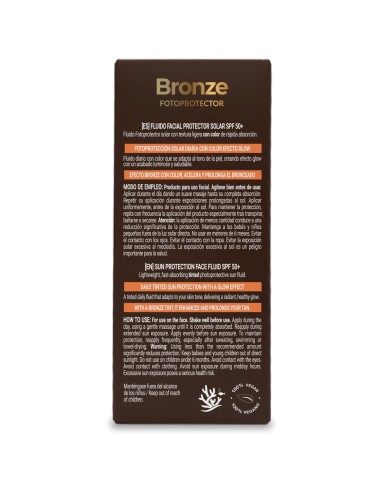 Reverso de la caja del fluido solar Babaria Bronze SPF50+ con modo de empleo y advertencias